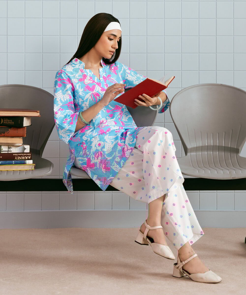 Women's RTW Dobby Printed Neon Blue 2 Piece Suit