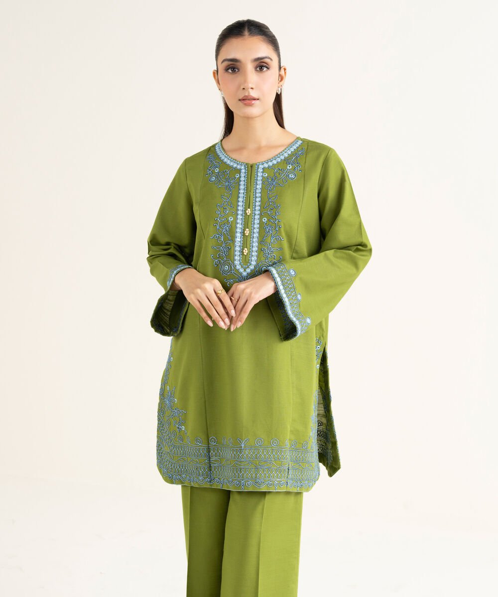 Women's RTW Khaddar Embroidered Green Straight Shirt
