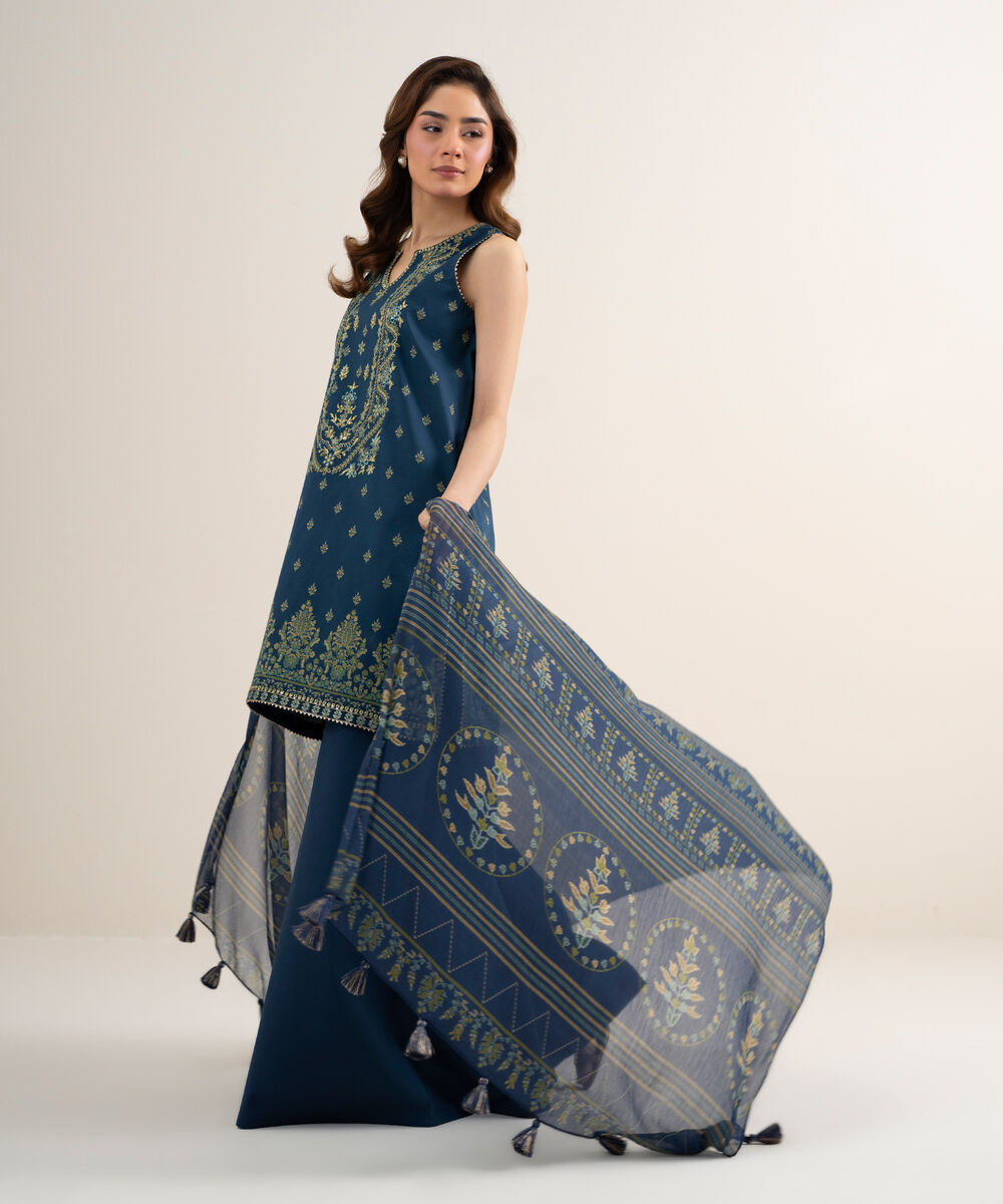 Women's Unstitched Lawn Embroidered Blue 3 Piece Suit