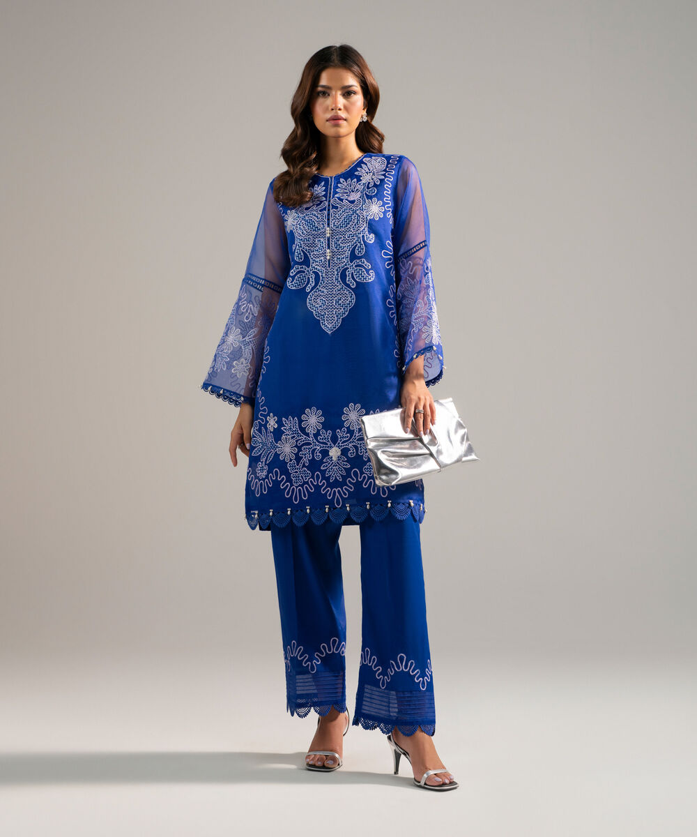Women's RTW Blended Organza Embroidered Blue 2 Piece Suit