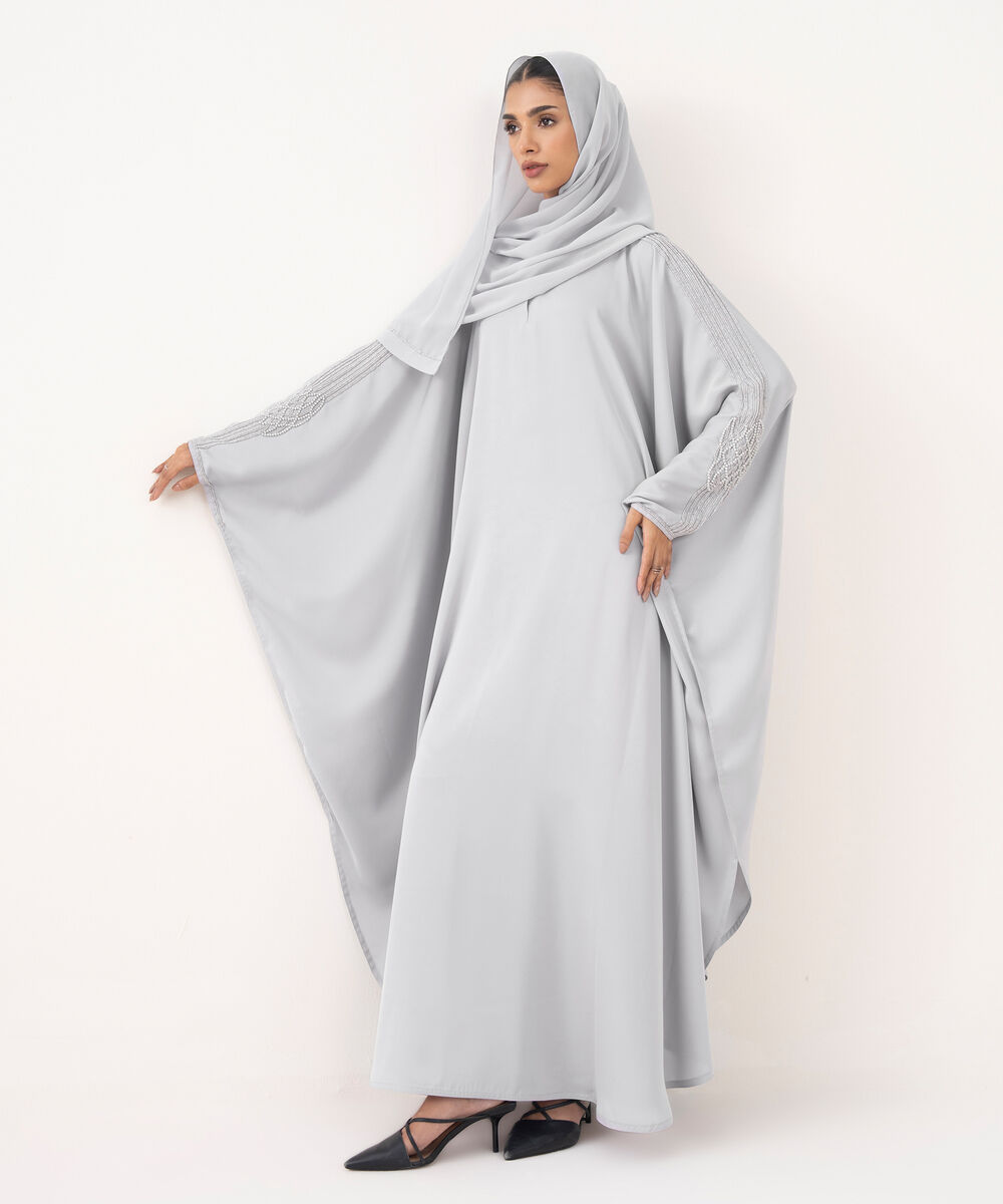 Women's Grey Polyester Abaya Set