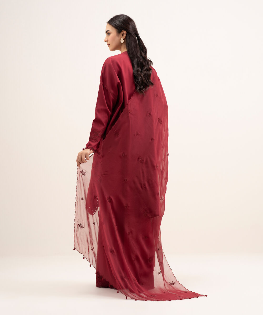 Women's Unstitched Textured Lawn Embroidered Red 3 Piece Suit