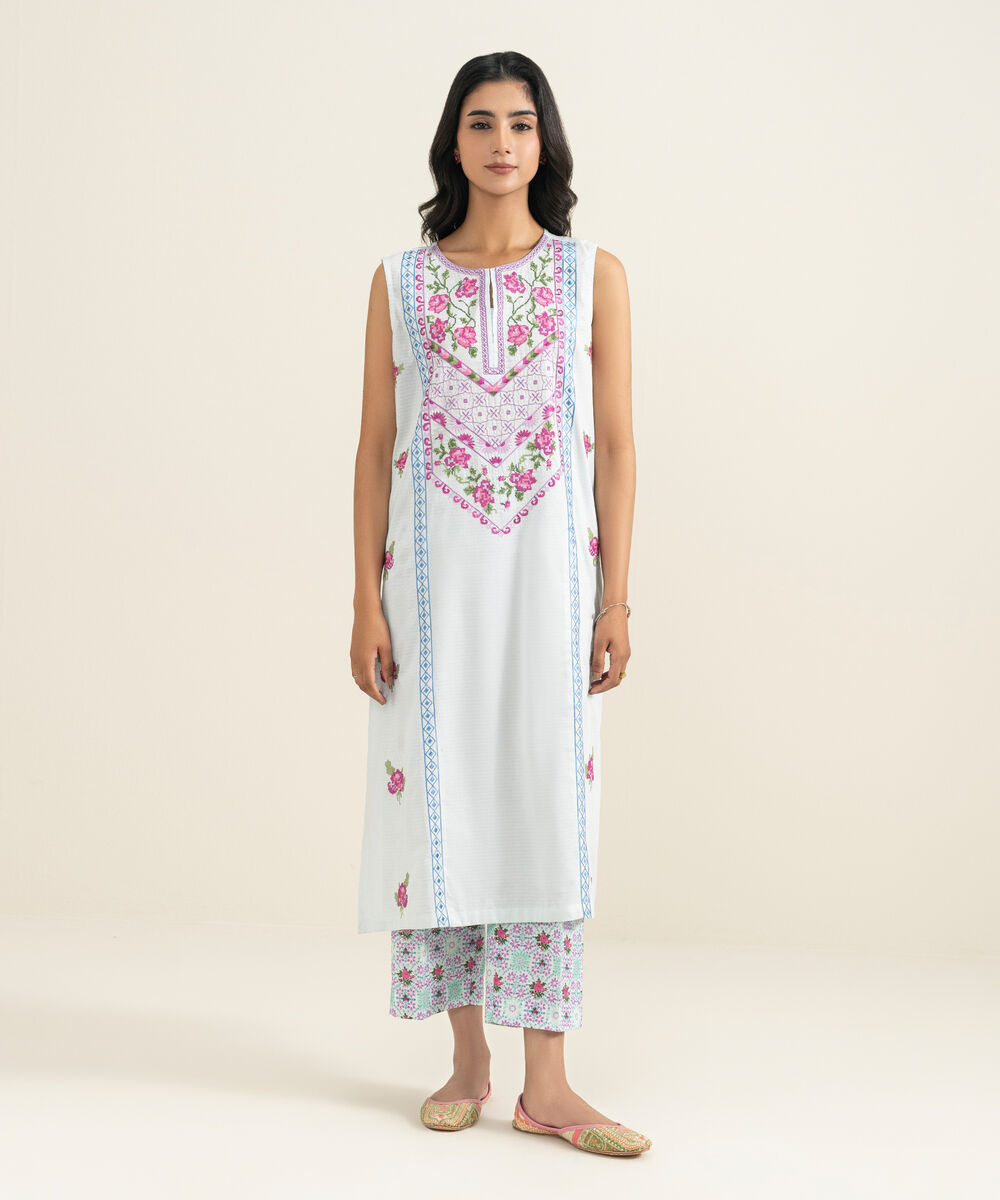 Women's RTW Dobby Embroidered Blue Straight Shirt