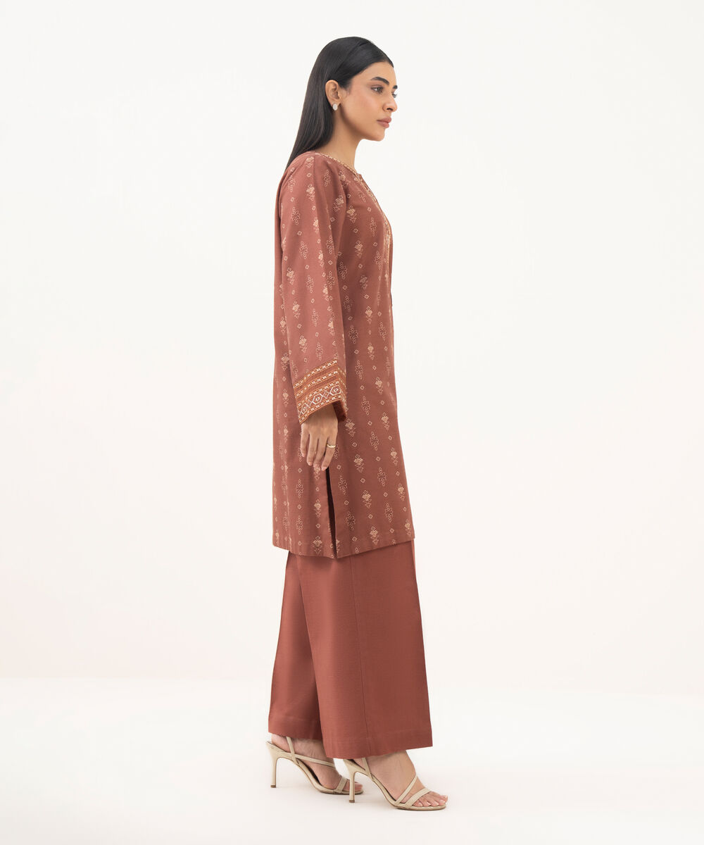 Women's RTW Light Khaddar Embroidered Brown Straight Shirt