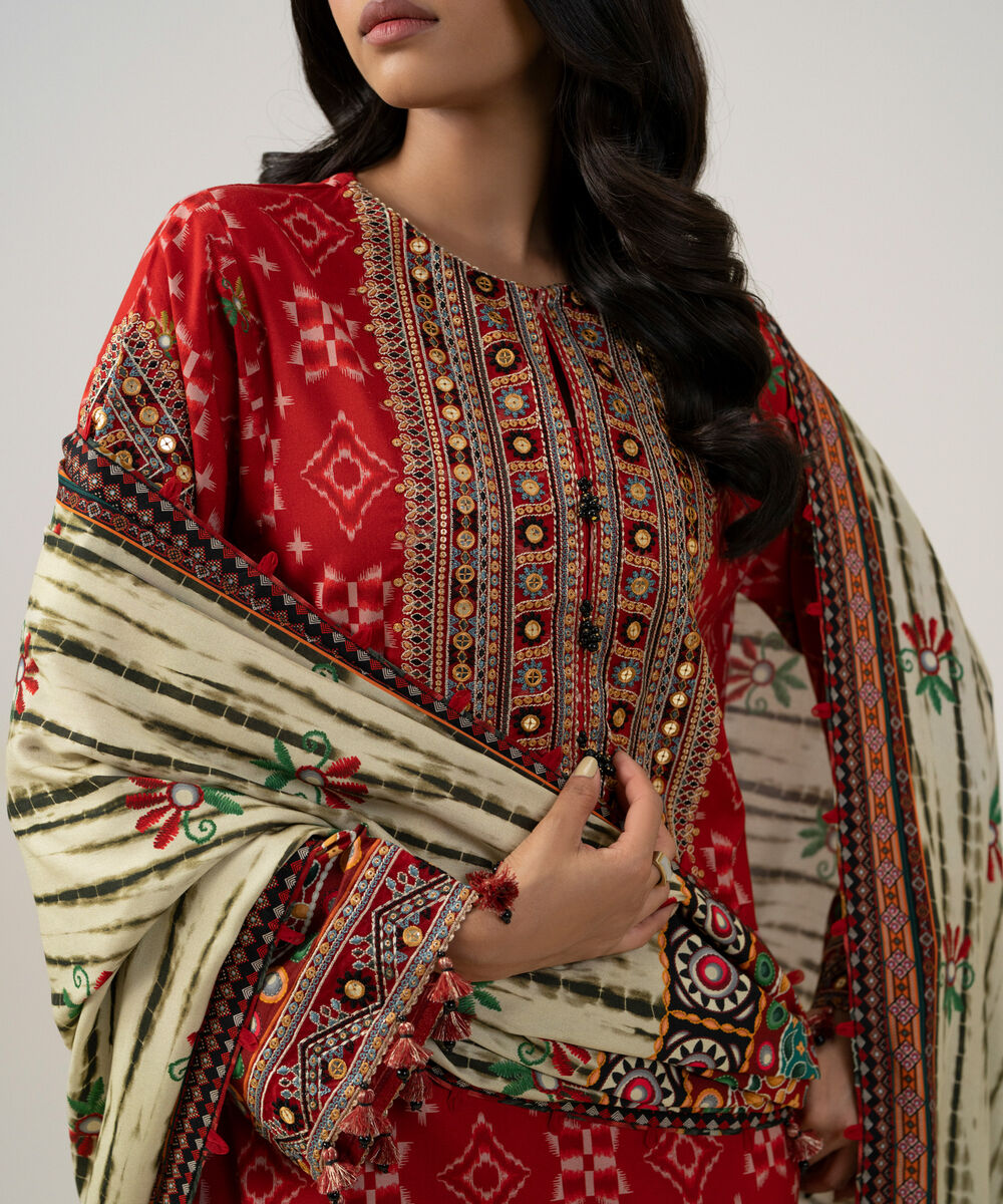 Women's Unstitched Linen Printed Red 3 Piece Suit