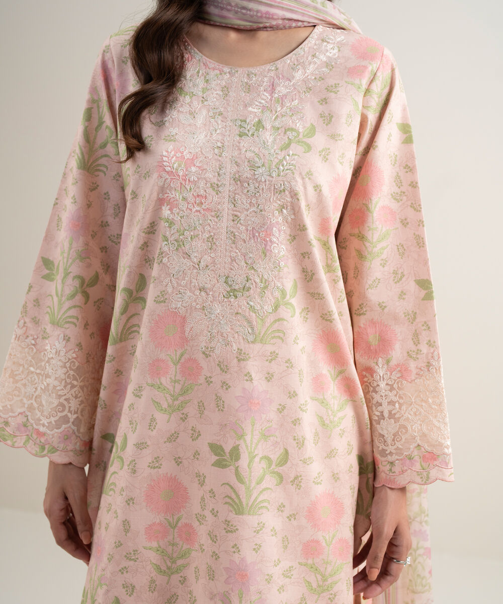 Women's Unstitched Lawn Embroidered Light Pink 3 Piece Suit