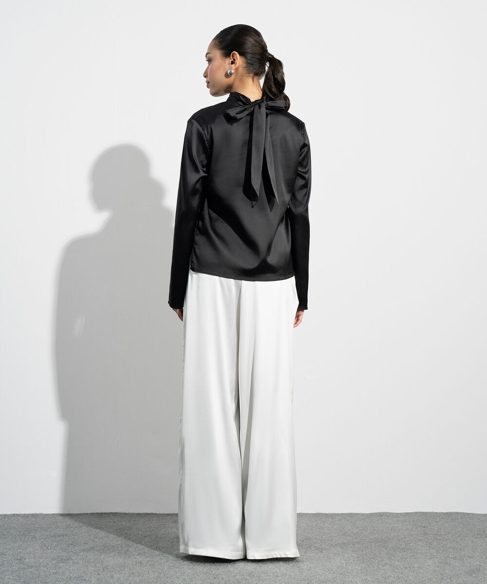 Women's Western Black Satin Blouse With Back Tie Detail