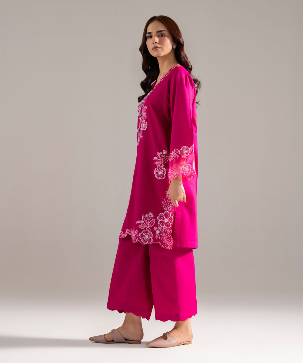 Women's RTW Dobby Solid Embroidered Pink Straight Shirt