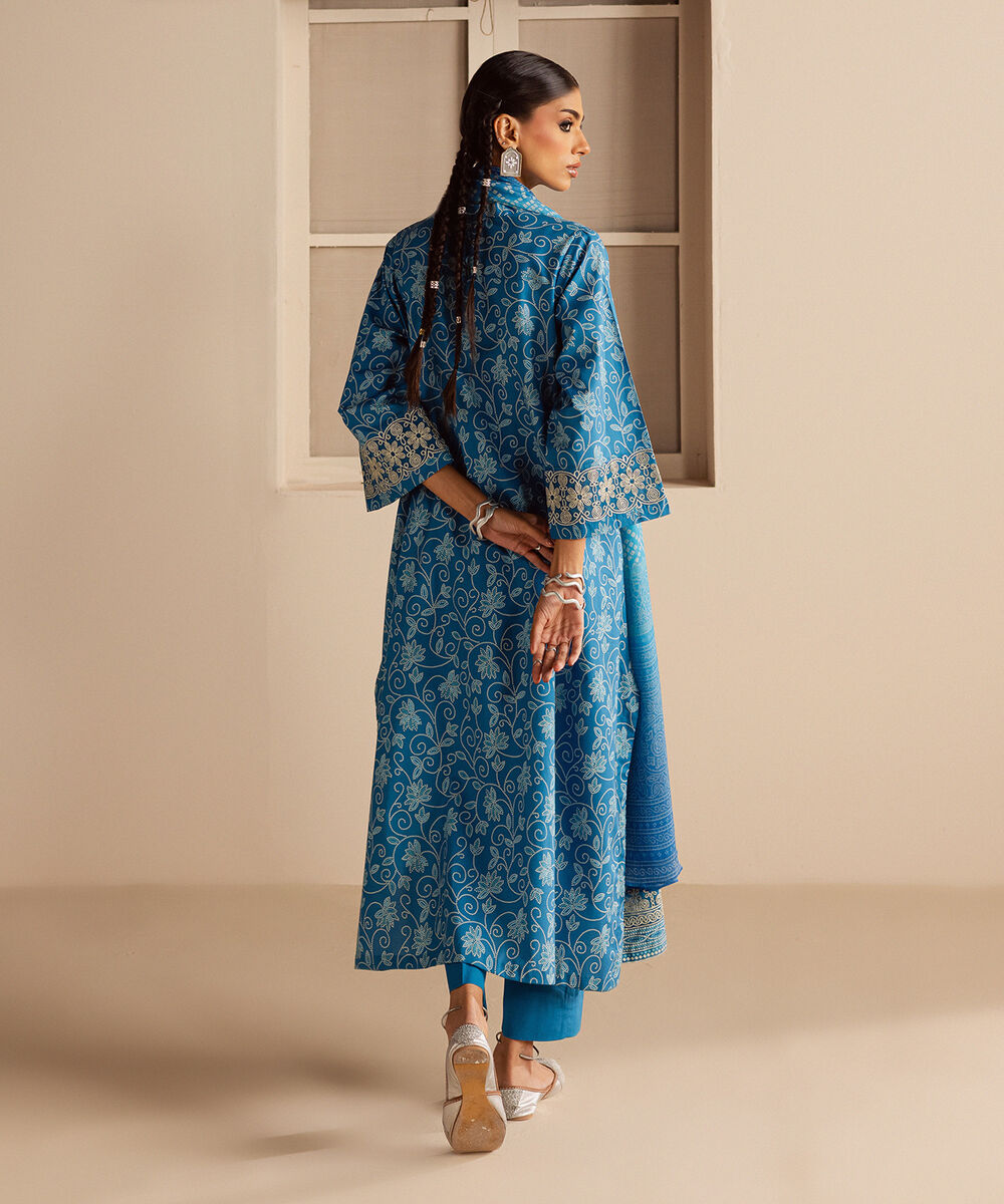 Women's Unstitched Lawn Embroidered Blue 3 Piece Suit