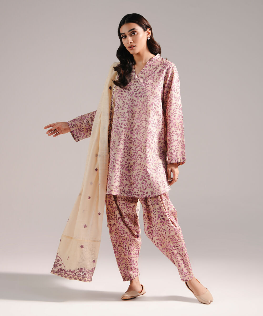 Women's RTW Zari Lawn Printed Beige 3 Piece Suit