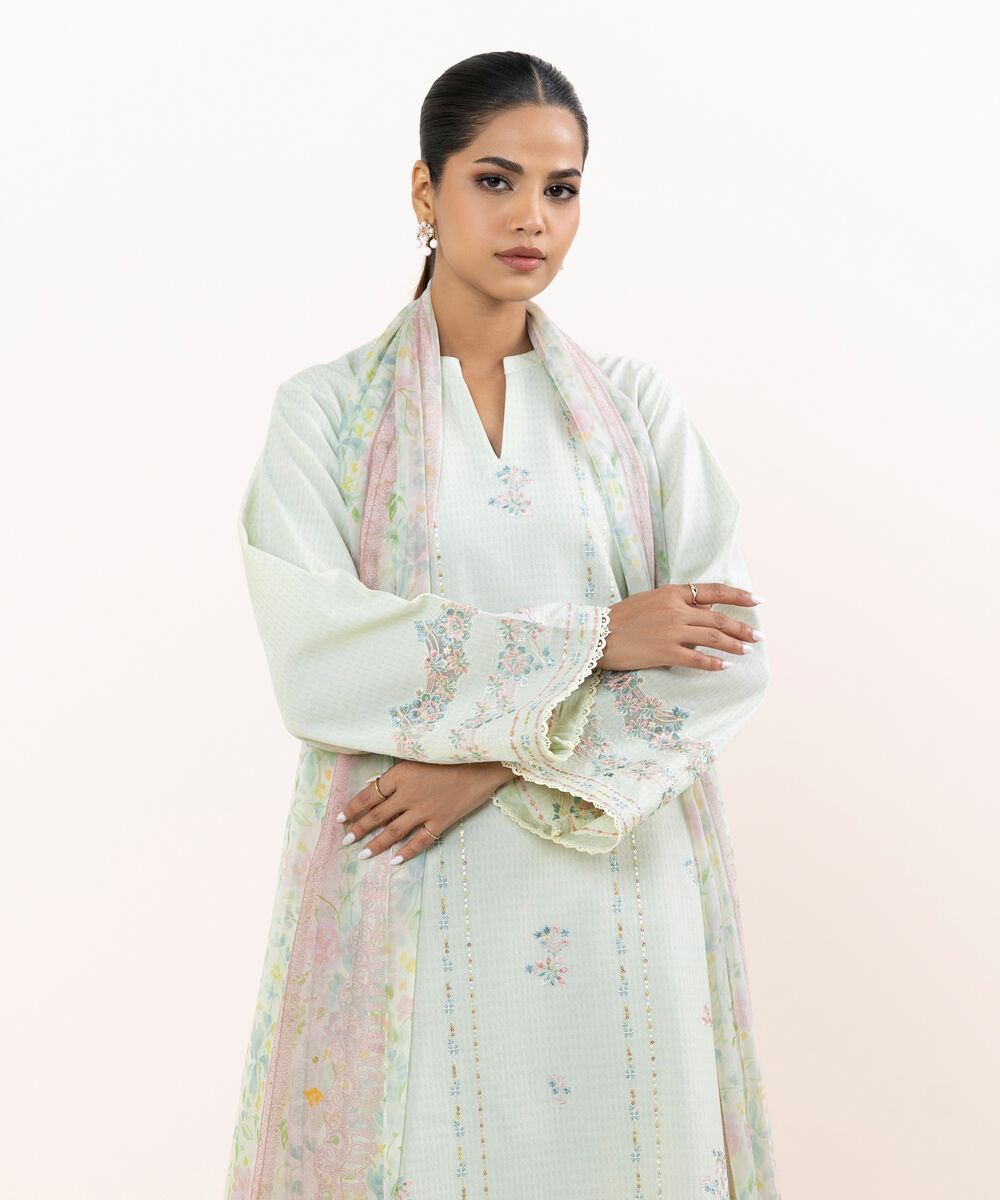 Women's Unstitched Linen Jacquard Dyed Three Piece Suit