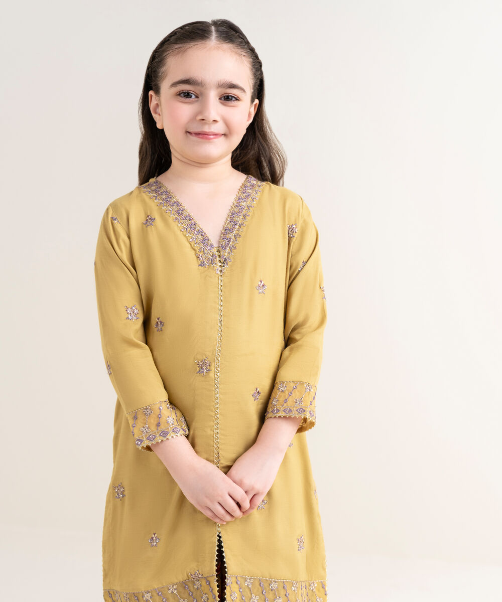 Girl's Viscose Raw Silk Yellow Embroidered 2 Piece Suit