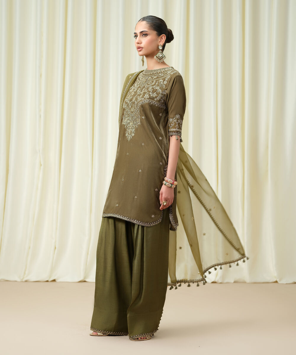 Women's Unstitched Velvet Embroidered Green 3 Piece Suit