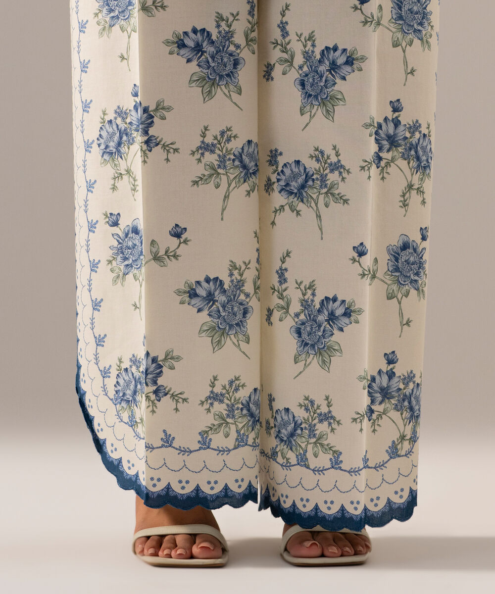 Women's RTW Cambric Printed White Flared Pants