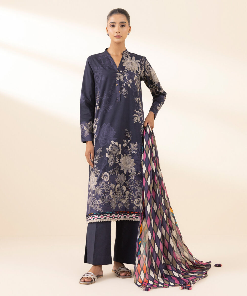 Unstitched Women's Blue Lawn Printed 3 Piece Suit