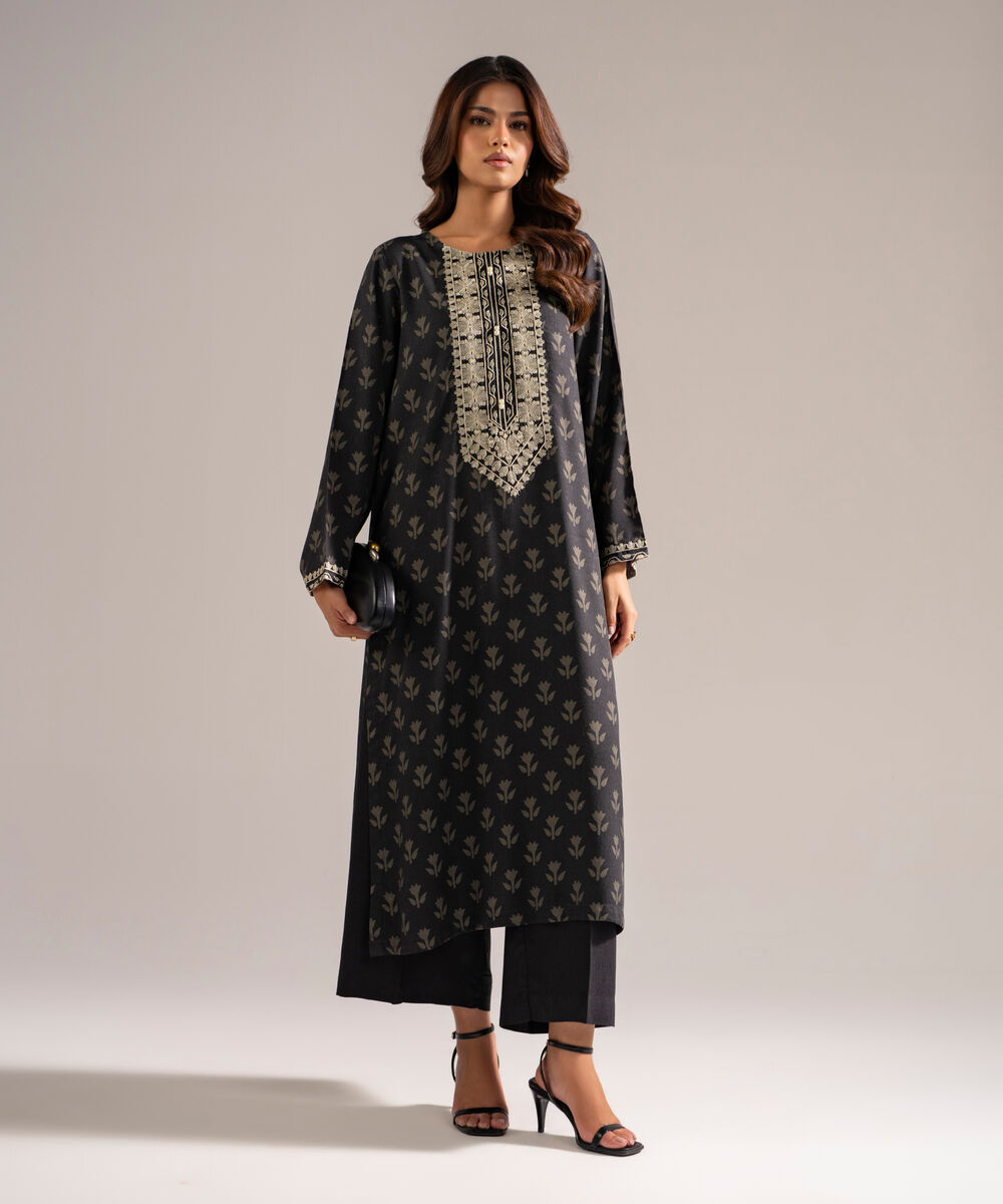 Women's RTW Self Jacquard Embroidered Black 2 Piece Suit