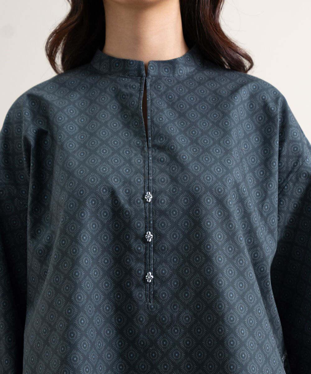 Women's Unstitched Cotton Printed Dark Blue  3 Piece Suit