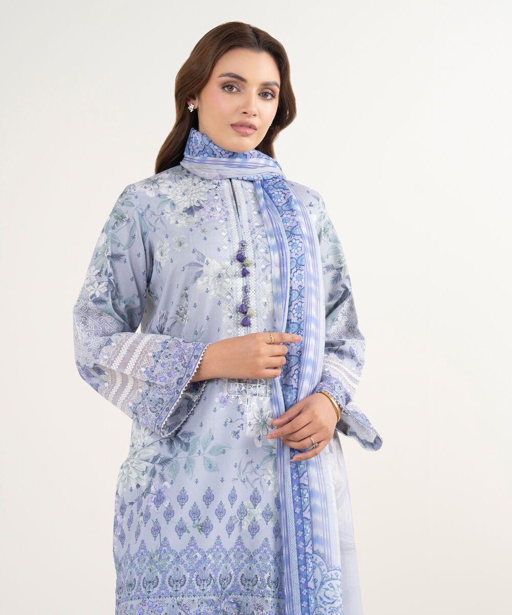 Women's Unstitched Lawn Embroidered Purple 3 Piece Suit