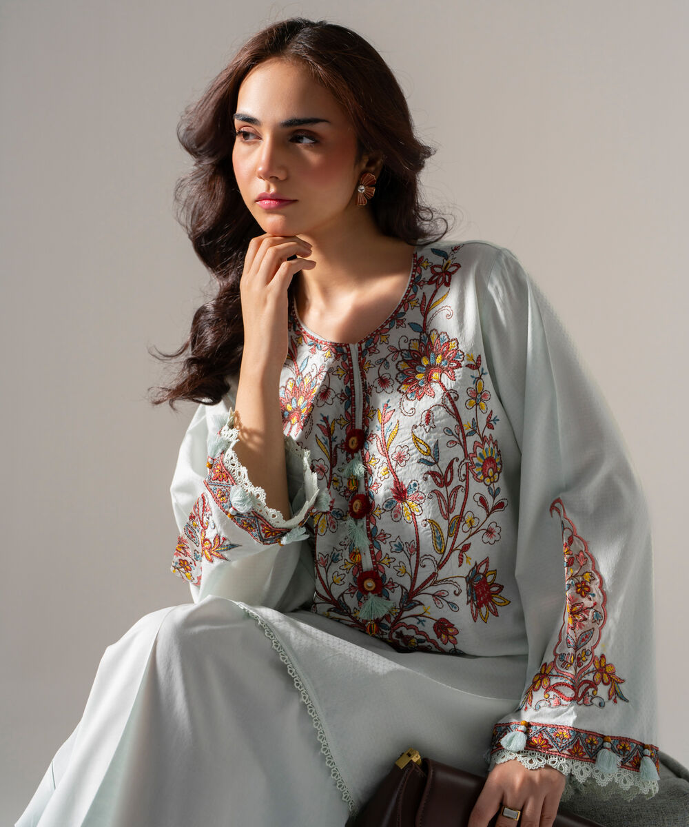 Women's RTW Dobby Solid Embroidered Blue Straight Shirt