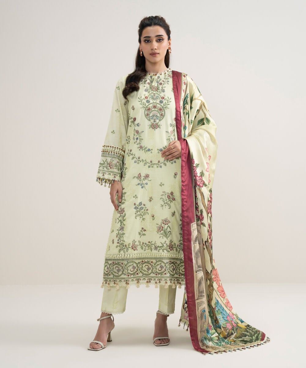 Women's Unstitched Lawn Embroidered Yellow 3 Piece Suit