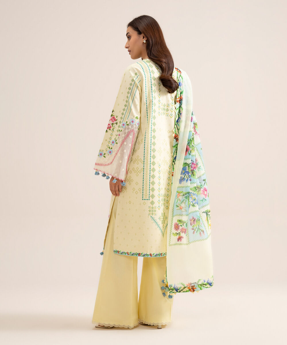 Women's Unstitched Zari Cotton Embroidered Butter Yellow  3 Piece Suit