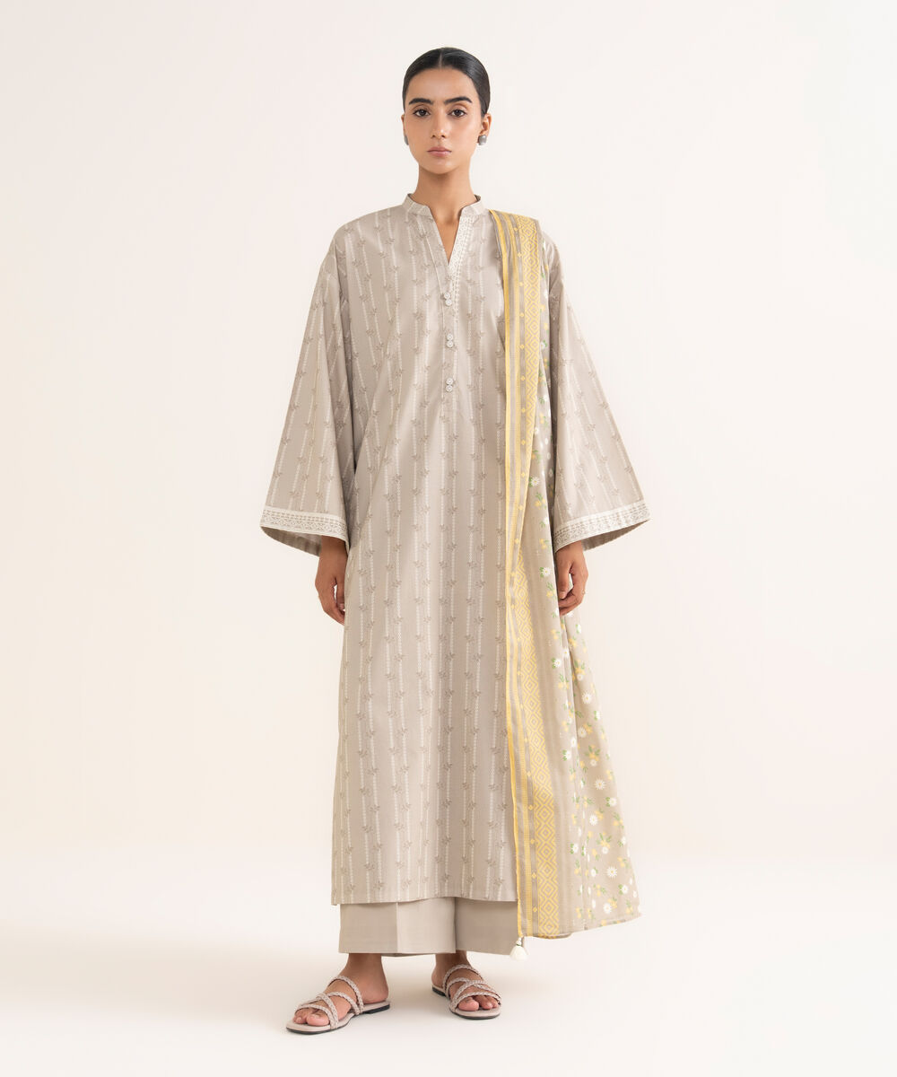 Women's Unstitched Cotton Printed Grey 3 Piece Suit