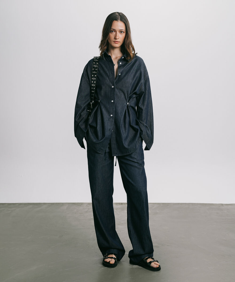 Women's Western Wear Blue Cinched Waist Button Through Shirt