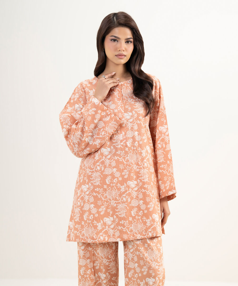 Women's RTW Seersucker Printed Orange Straight Shirt