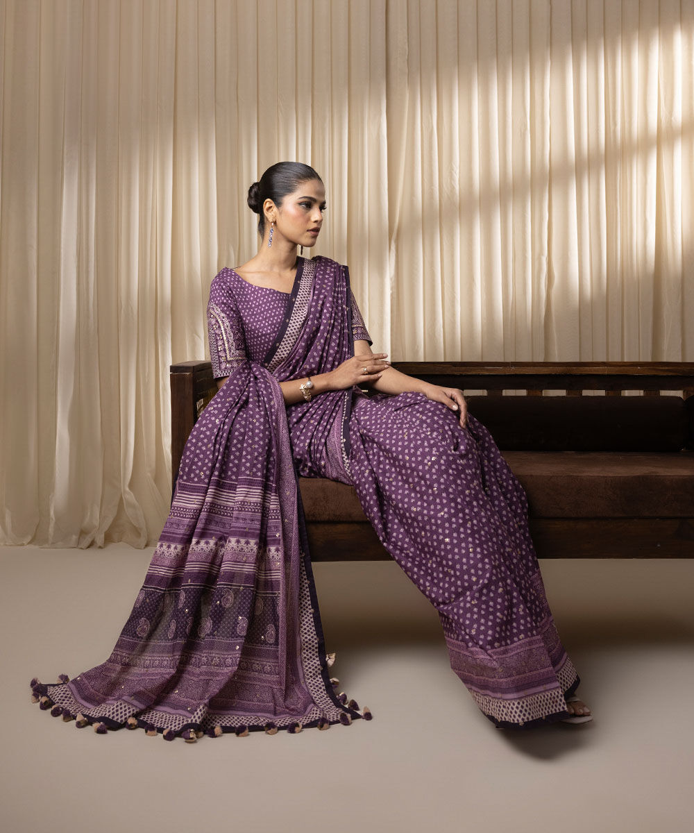 Women's Embroidered Dobby Purple Saree