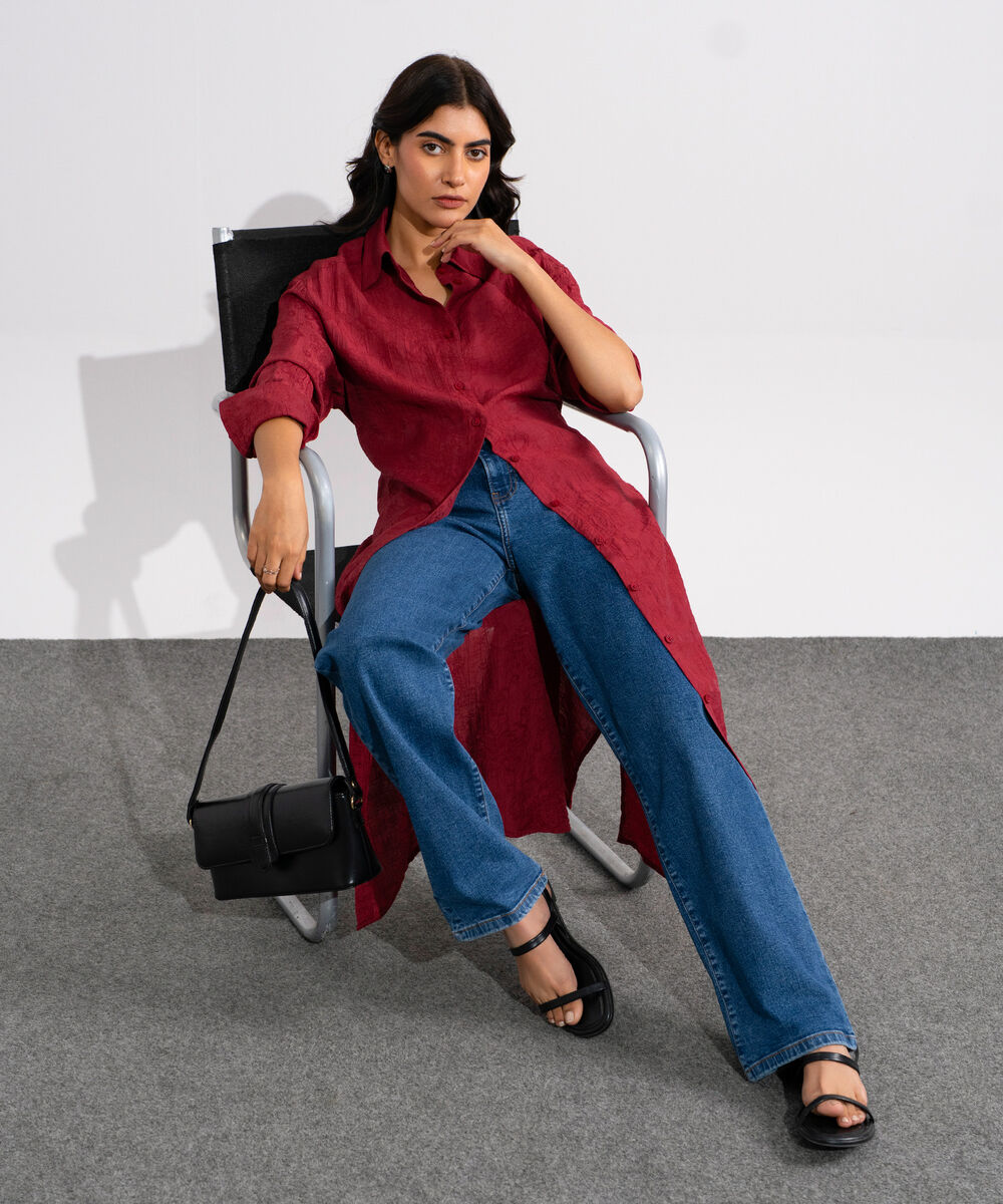Women's Red Textured Button Through Dress
