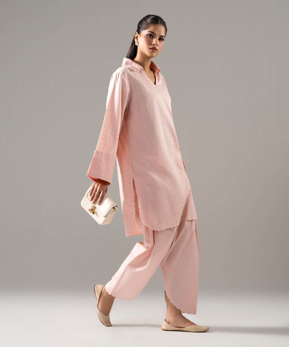 Women's RTW 3D Dobby Solid Powder Pink Straight Shirt