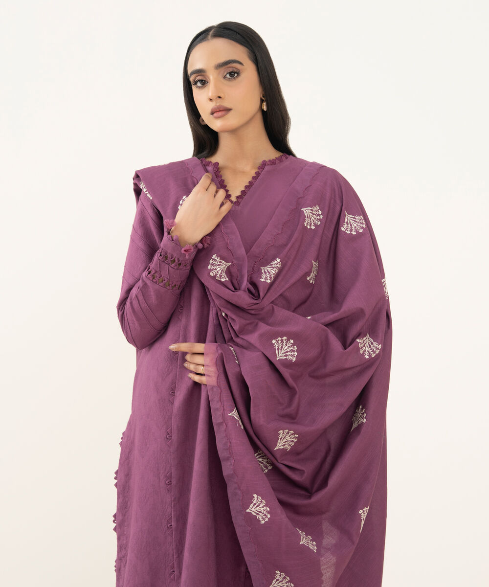 Women's Unstitched Dyed Cotton Jacquard Purple 3 Piece Suit