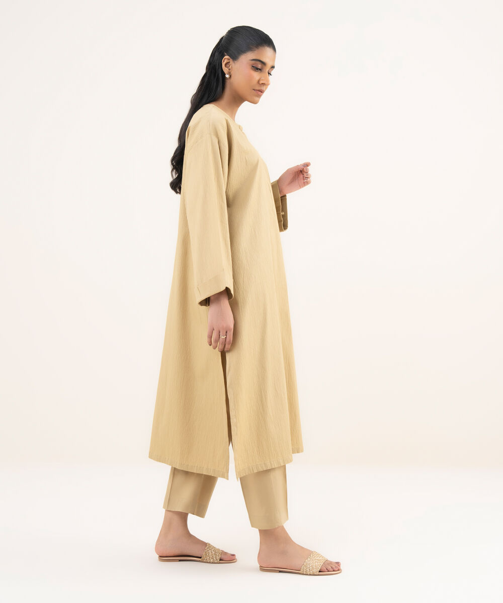 Women's RTW Seersucker Beige Solid Straight Shirt