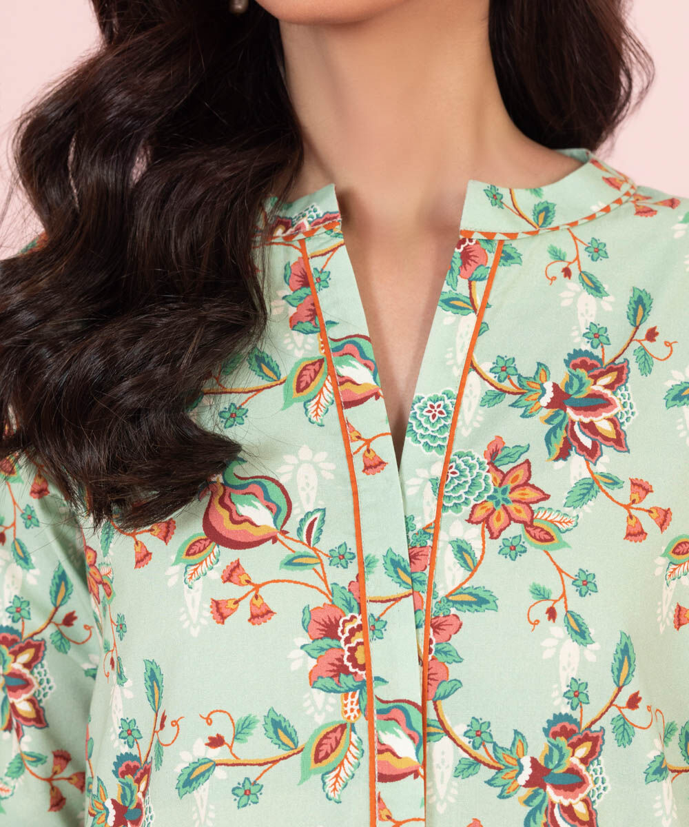 Women's Unstitched Printed Cambric Mint Green 3 Piece Suit