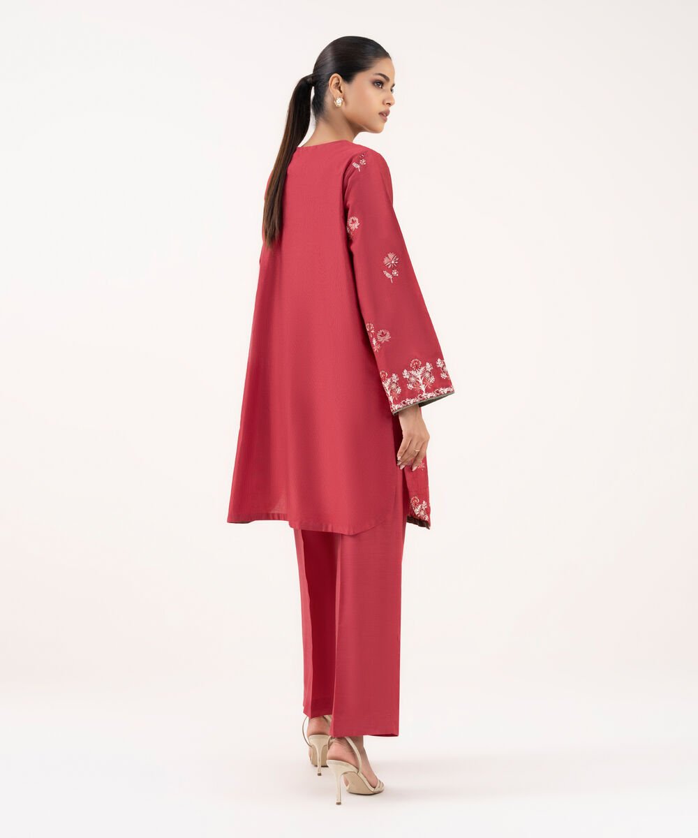 Women's RTW Silk Cotton Net Red Embroidered 2 Piece Suit