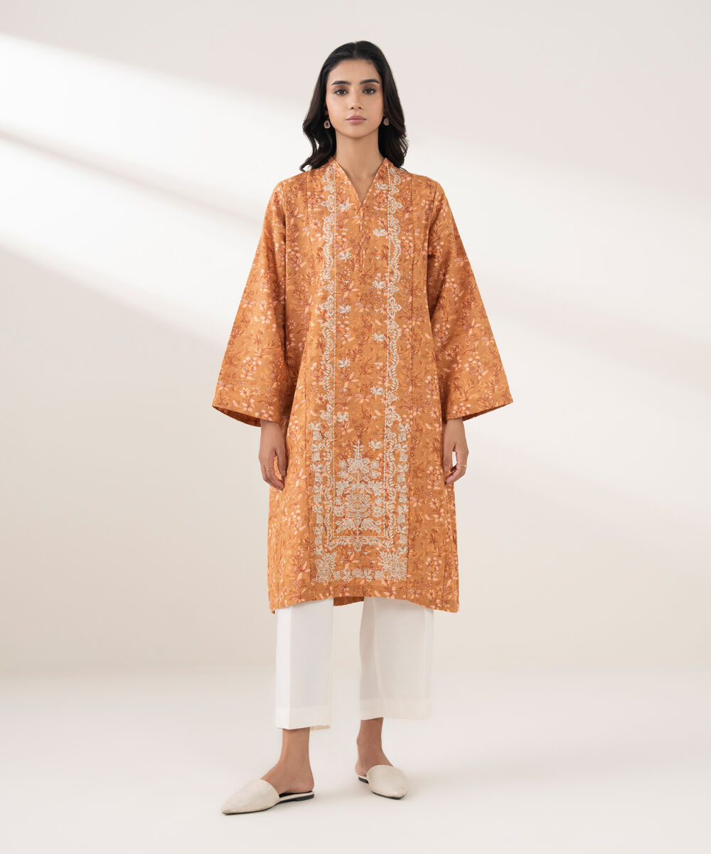 Women's RTW Khaddar Embroidered Orange 2 Piece Suit