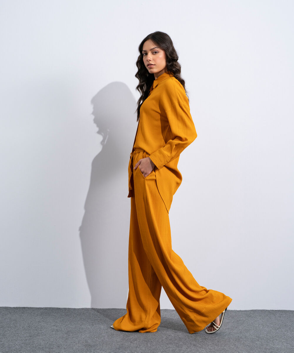 Women's Western Orange Wide-Leg Seersucker Trousers