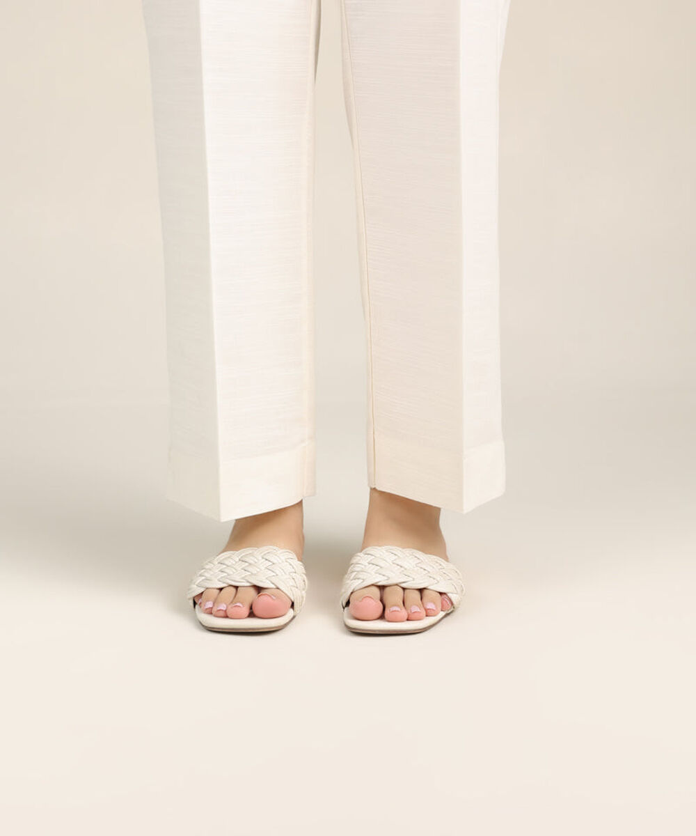 Women's Pret Khaddar Off White Solid Straight Pants