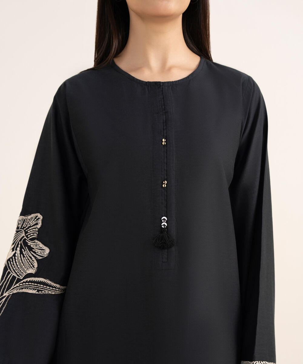 Women's RTW Lawn Viscose Black Embroidered A-Line Shirt