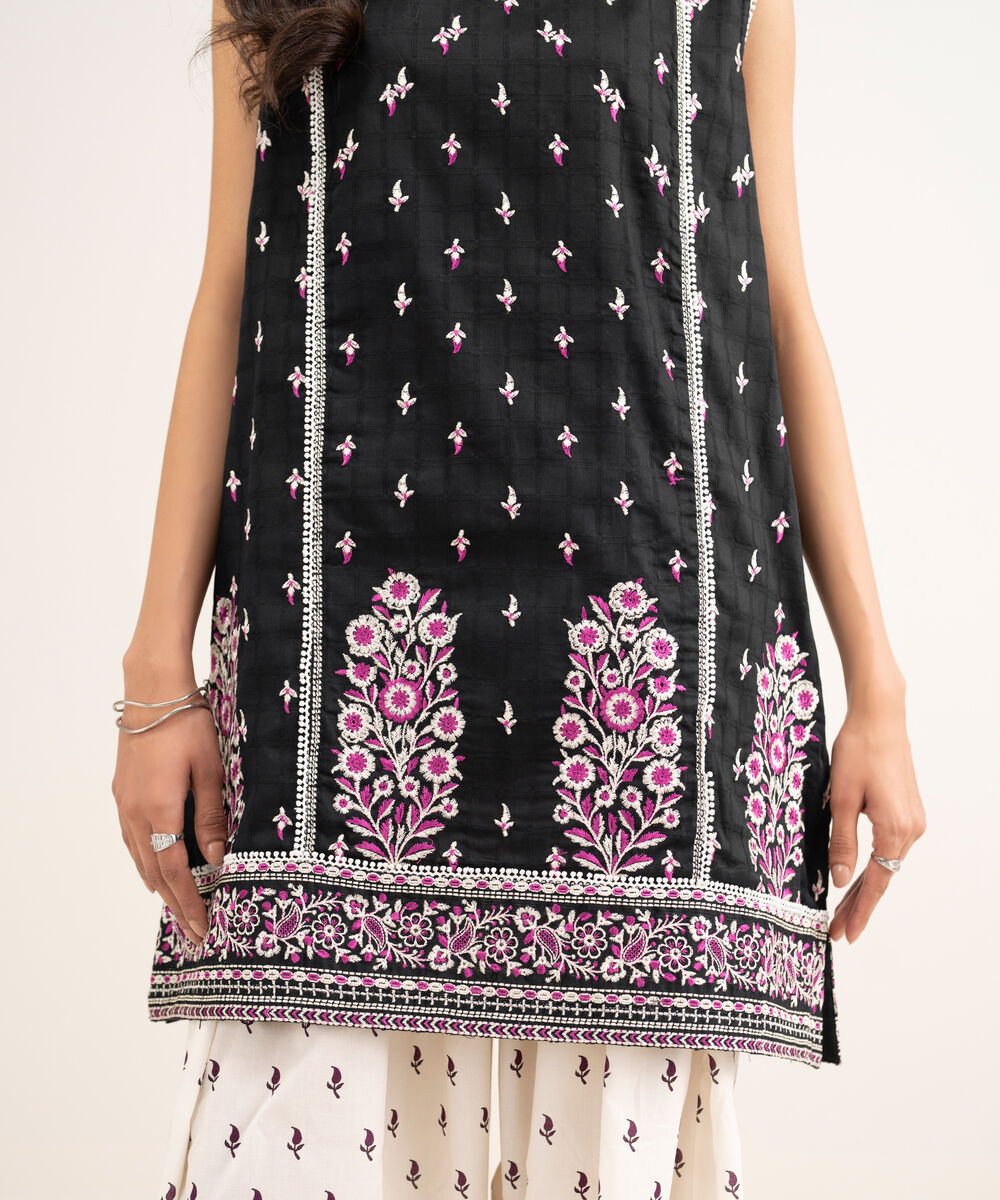 Women's RTW Lawn Embroidered Black Straight Shirt