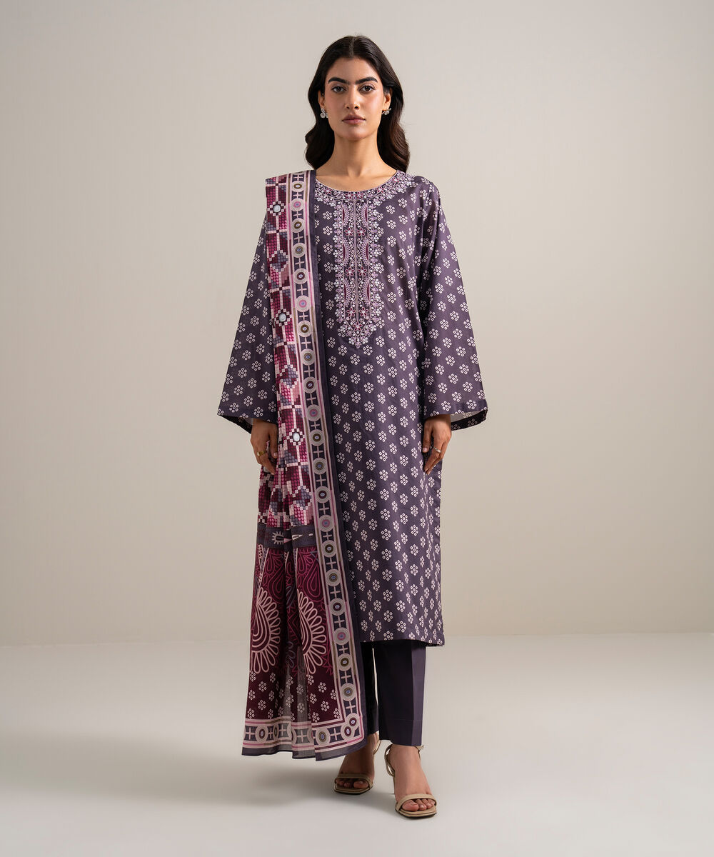 Women's Unstitched Lawn Embroidered Brown and Off White 3 Piece Suit