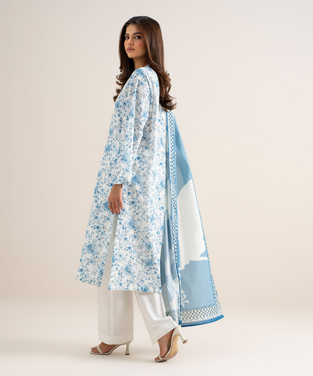Women's Unstitched Lawn Printed White and Blue 3 Piece Suit