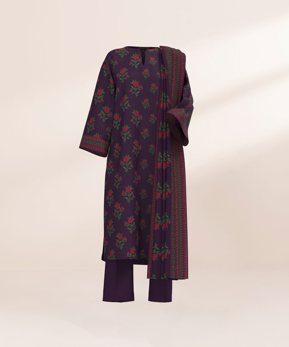 Women's Three Piece Printed Purple Lawn Suit