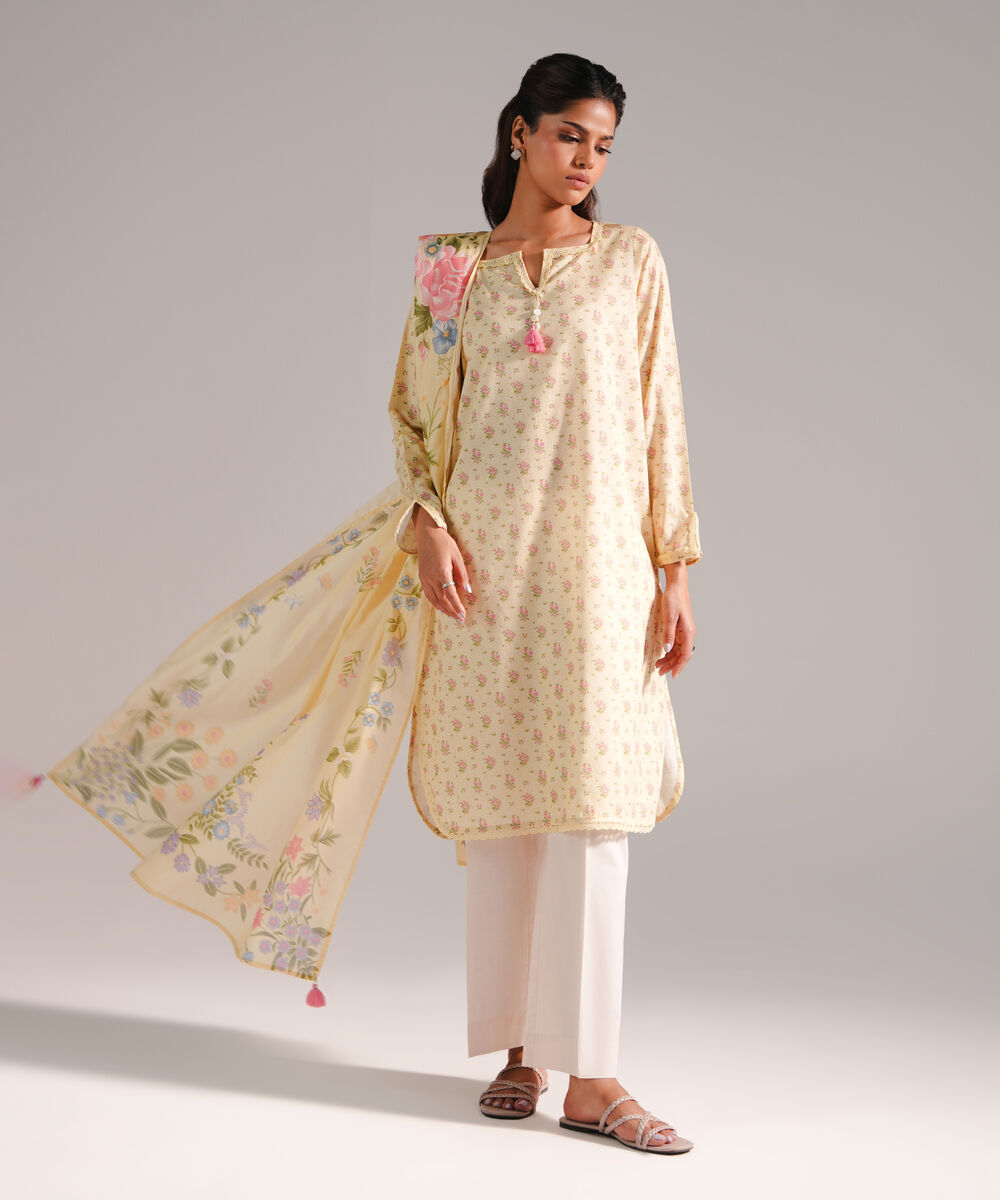 Women's RTW Dobby Printed Pale Yellow 2 Piece Suit