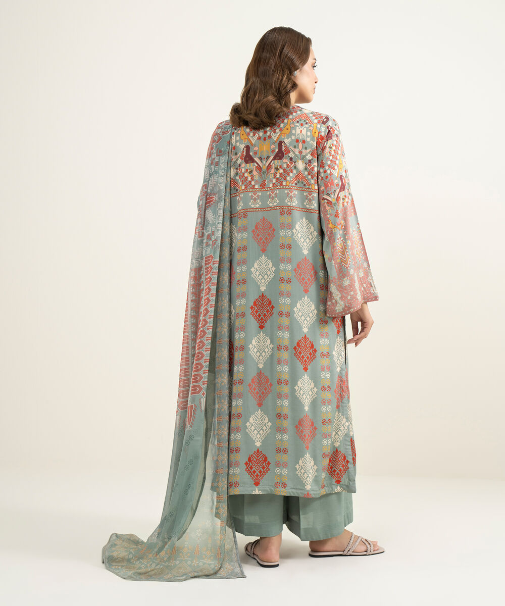 Women's RTW Viscose Raw Silk Printed Grey 3 Piece Suit