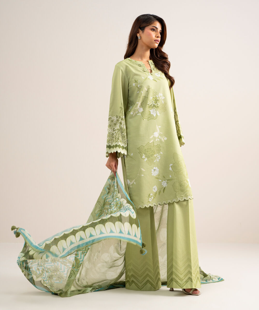 Women's Unstitched Lawn Printed Green  3 Piece Suit