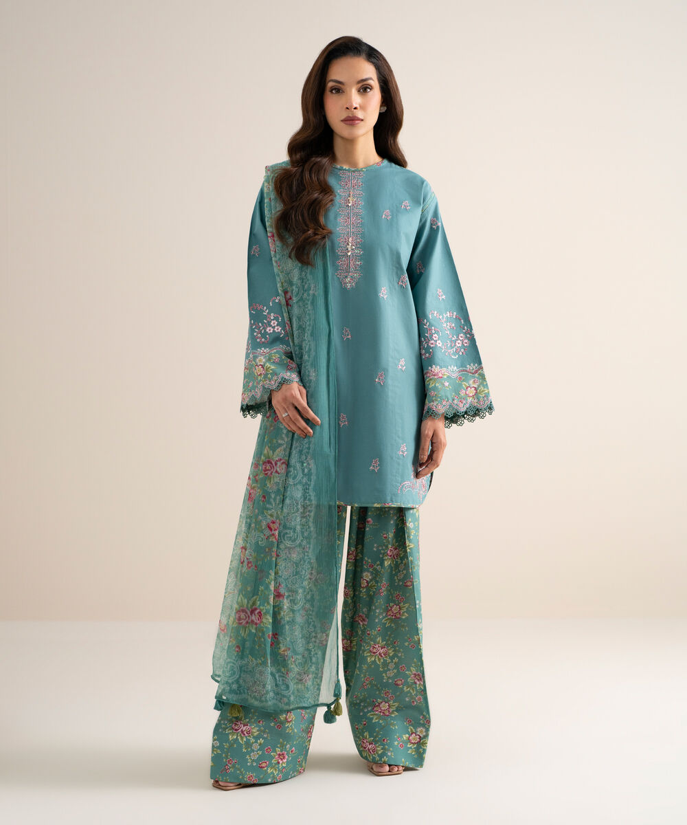 Women's Unstitched Slub Lawn Embroidered Blue  3 Piece Suit