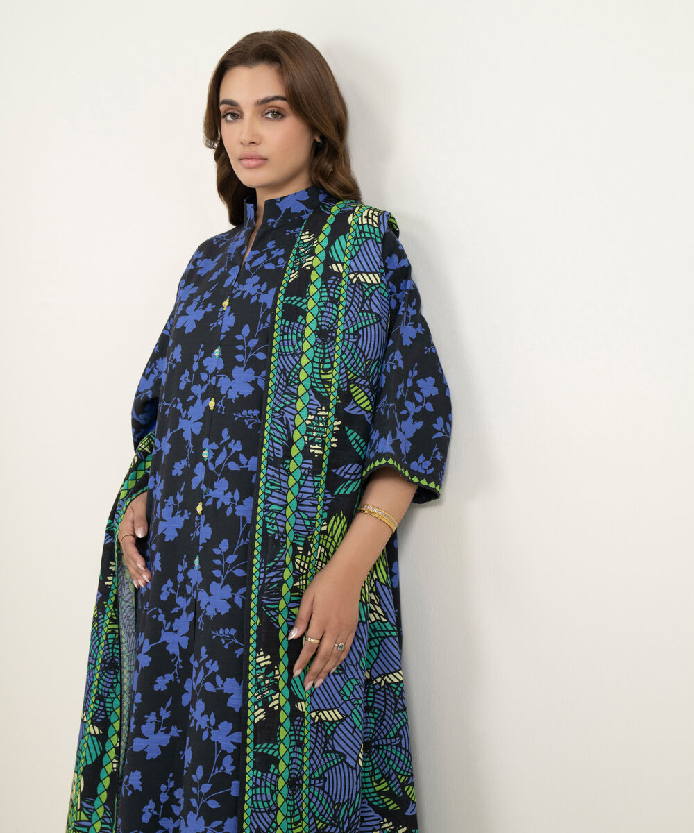 Women's Three Piece Blue and Black Khaddar Printed Suit