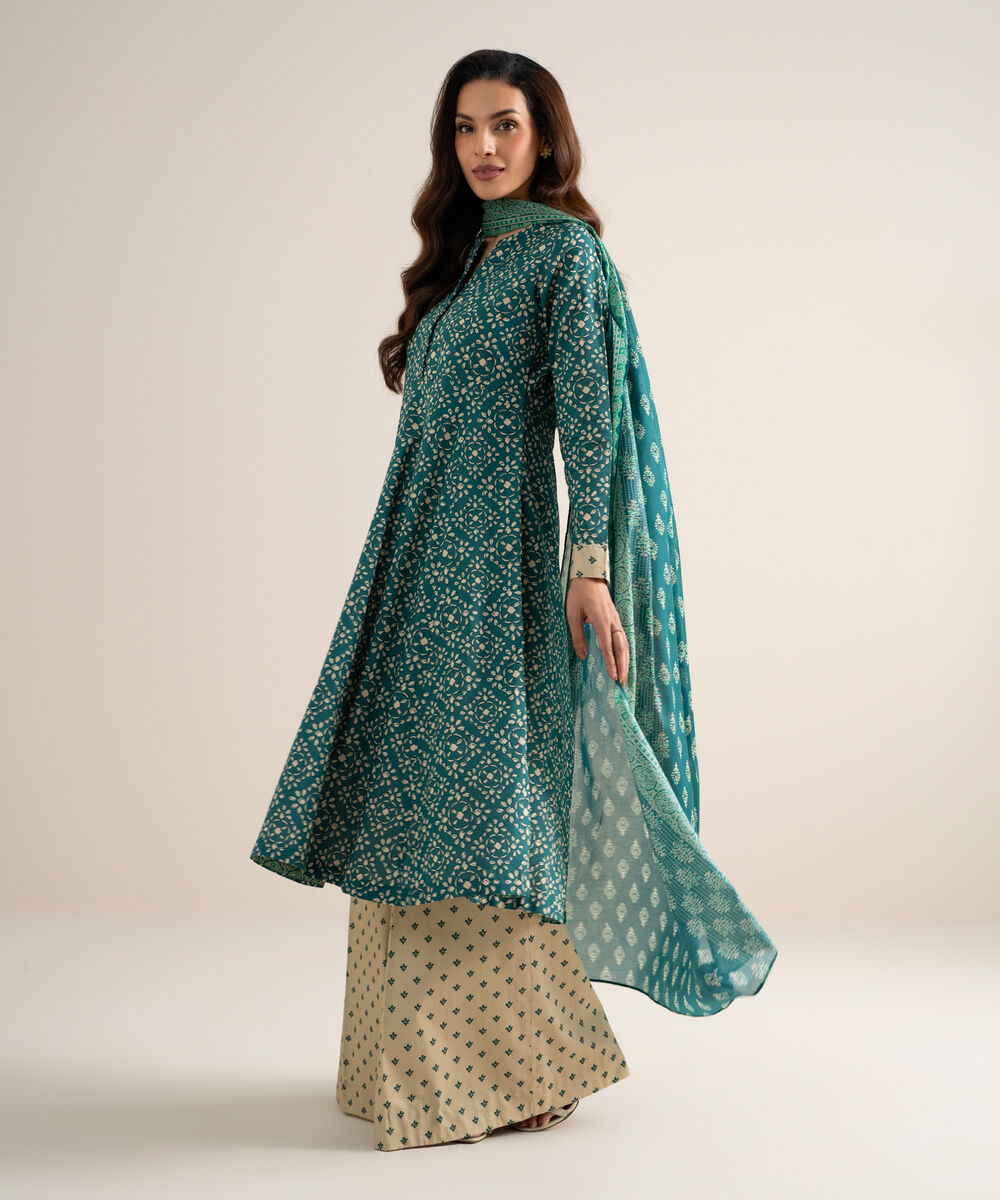 Women's Unstitched Lawn Printed Teal Green 3 Piece Suit