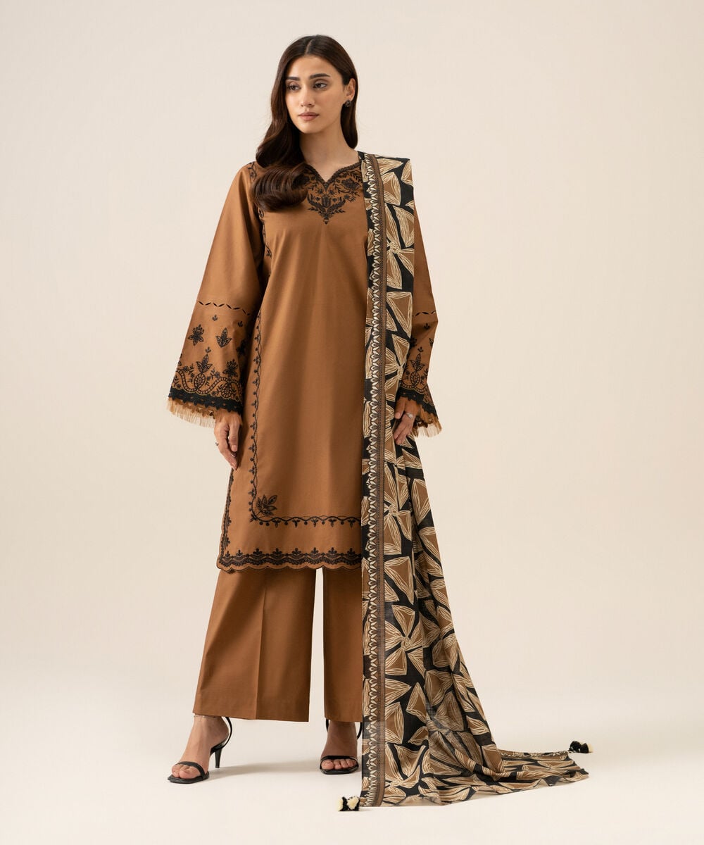 Women's Unstitched Basic Khaddar Embroidered Brown 3 Piece Suit